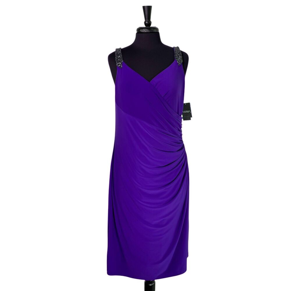 Ralph Lauren Womens 16 Purple Evening Dress Beaded Surplice Ruched Formal NWT